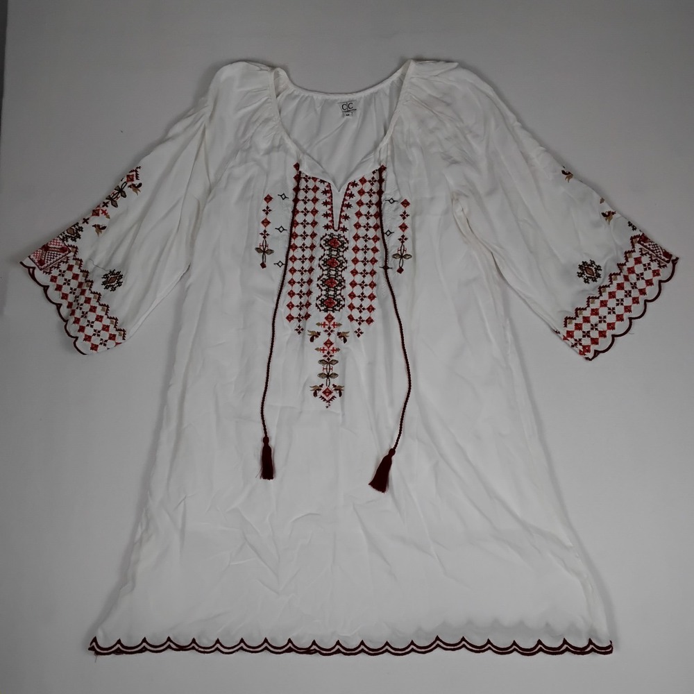 C/C Collections White Boho Peasant Tunic Dress Embroidered Bell Sleeve Tassel M